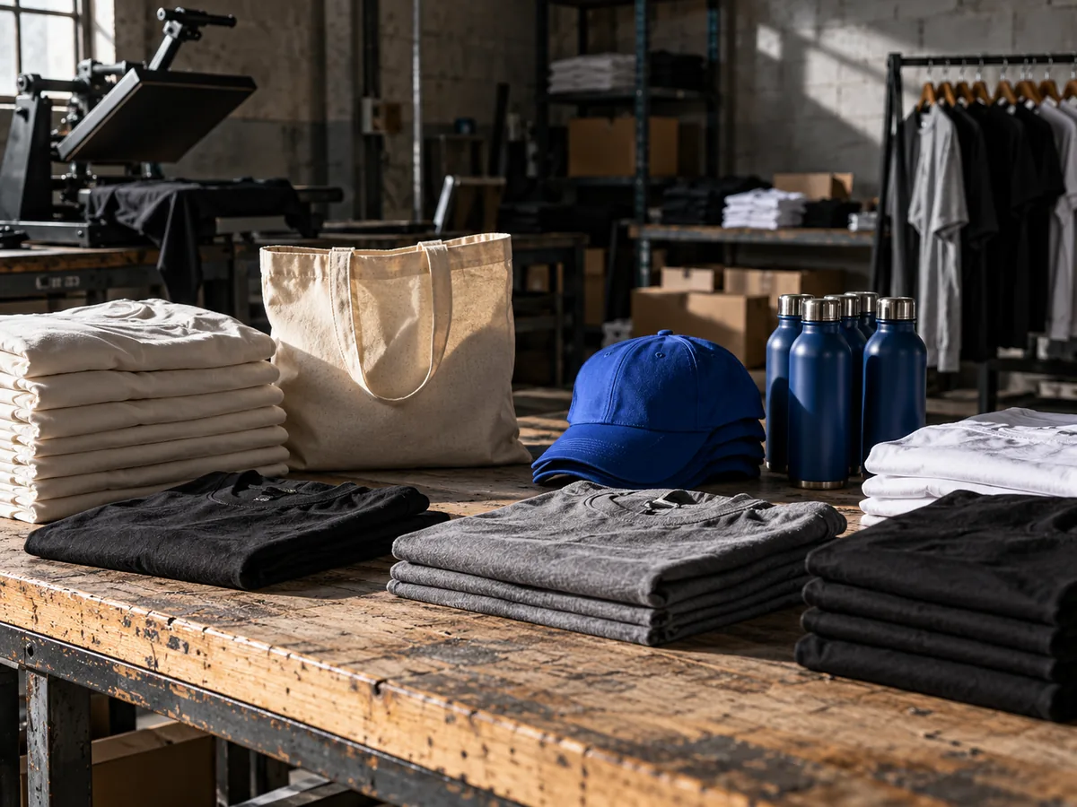 Prendas, bolsa, gorra y botellas corporativas dispuestas sobre una mesa de taller