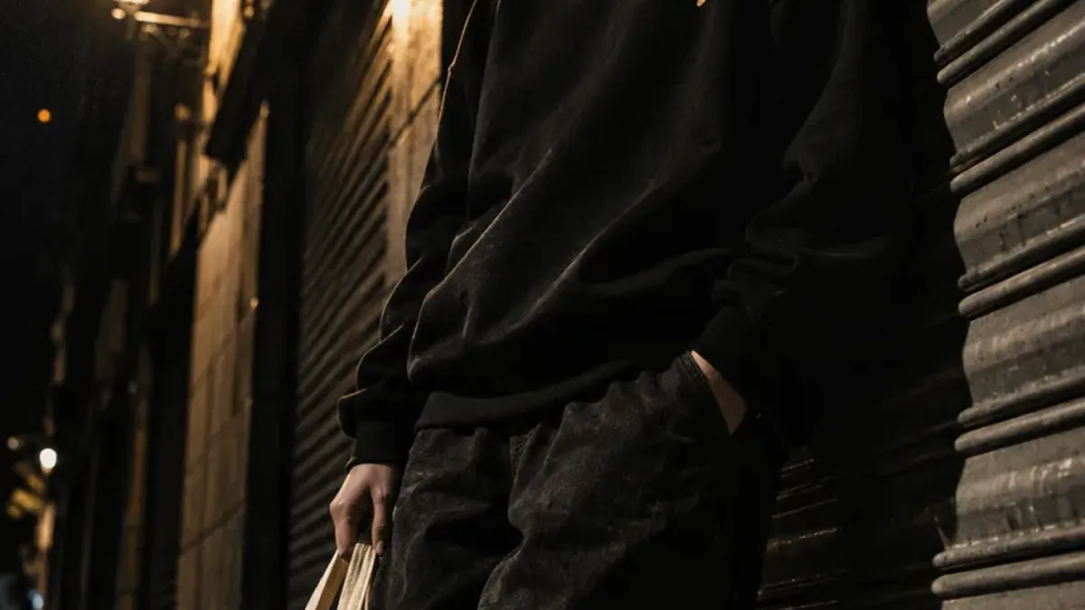 Fotografía editorial de moda urbana: sudadera negra y bolsa de algodón en una calle de noche