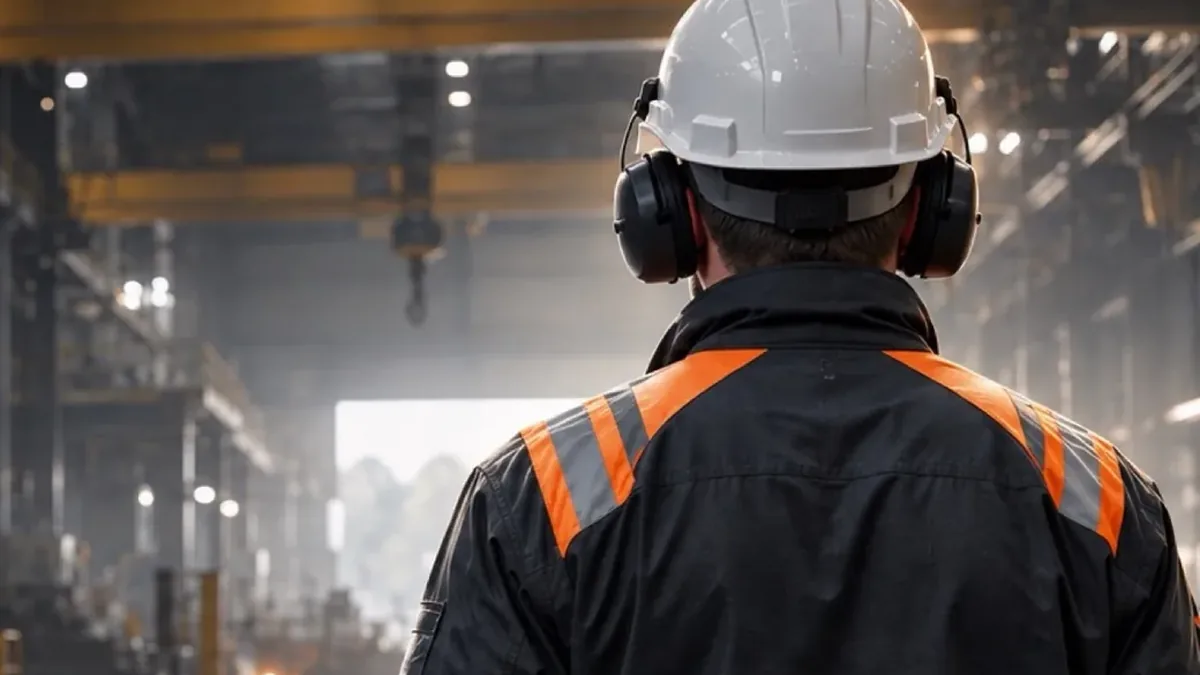Operario con ropa de trabajo de alta visibilidad y casco en una nave industrial