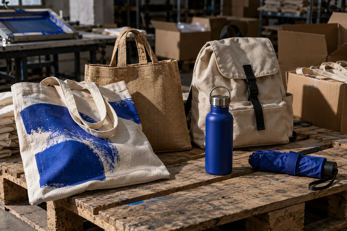Bolsas de algodón y yute, mochila de lona, botella metálica y paraguas sobre una mesa de madera gastada.