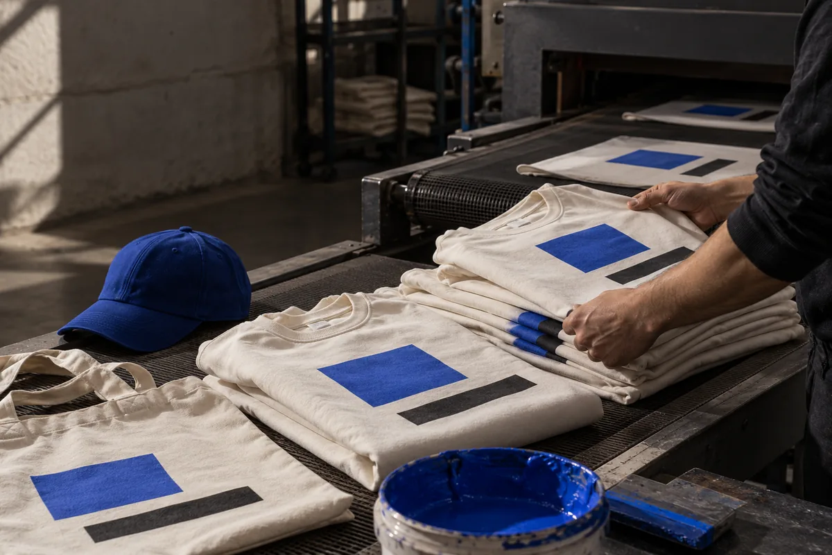 Manos colocando prendas de algodón con estampados abstractos azules y negros junto a una gorra y una bolsa.