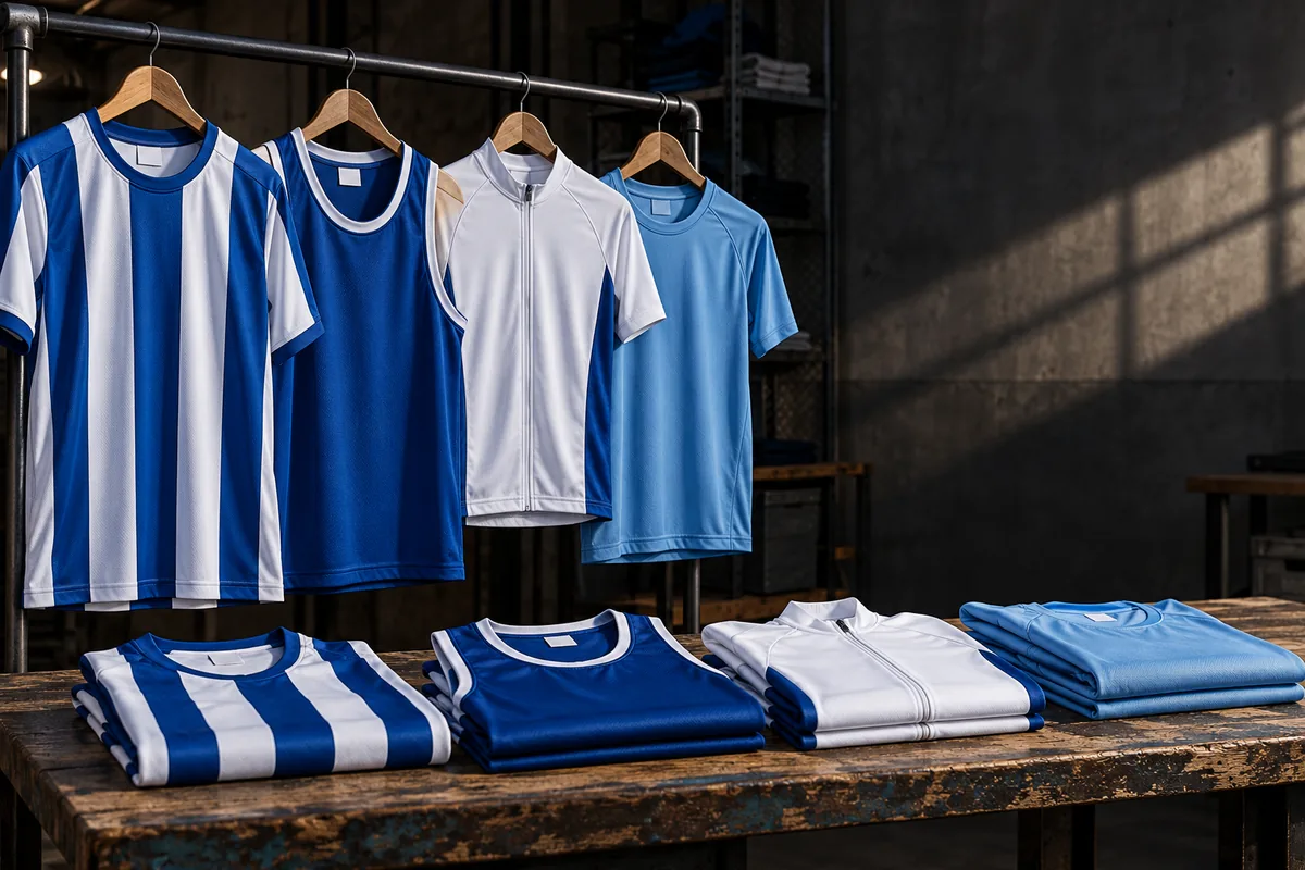 Equipaciones de fútbol, baloncesto, ciclismo y running colgadas y dobladas sobre una mesa del taller.