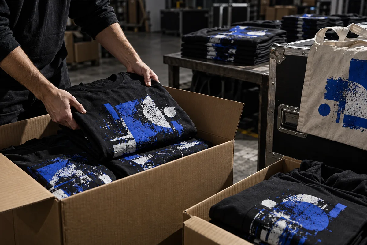 Manos colocando camisetas de festival con estampados azules y blancos en cajas junto a un flight case de gira.