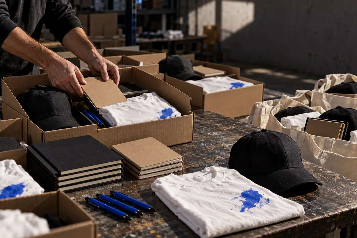 Bolígrafos, libretas, camisetas y gorras agrupados en kits promocionales para eventos sobre una mesa de taller.