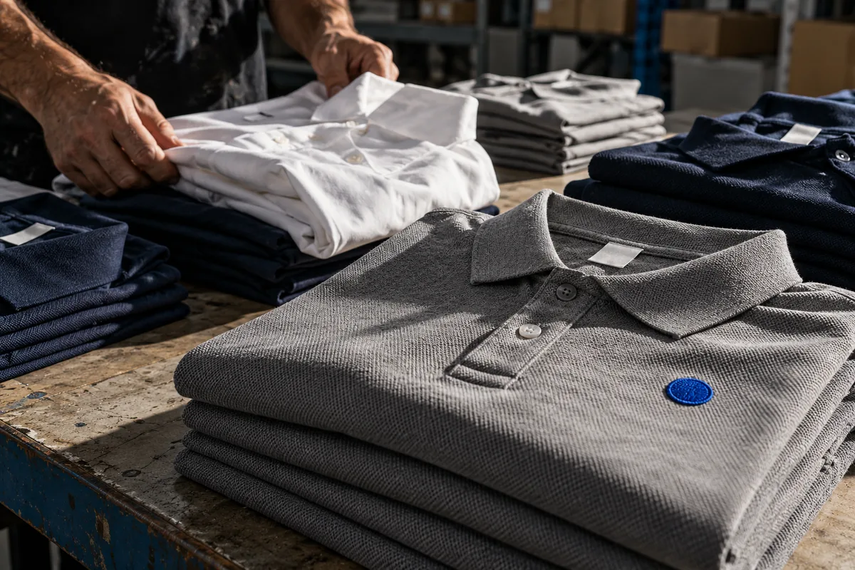 Polos grises y marinos apilados junto a una camisa blanca, con un bordado circular azul en primer plano.