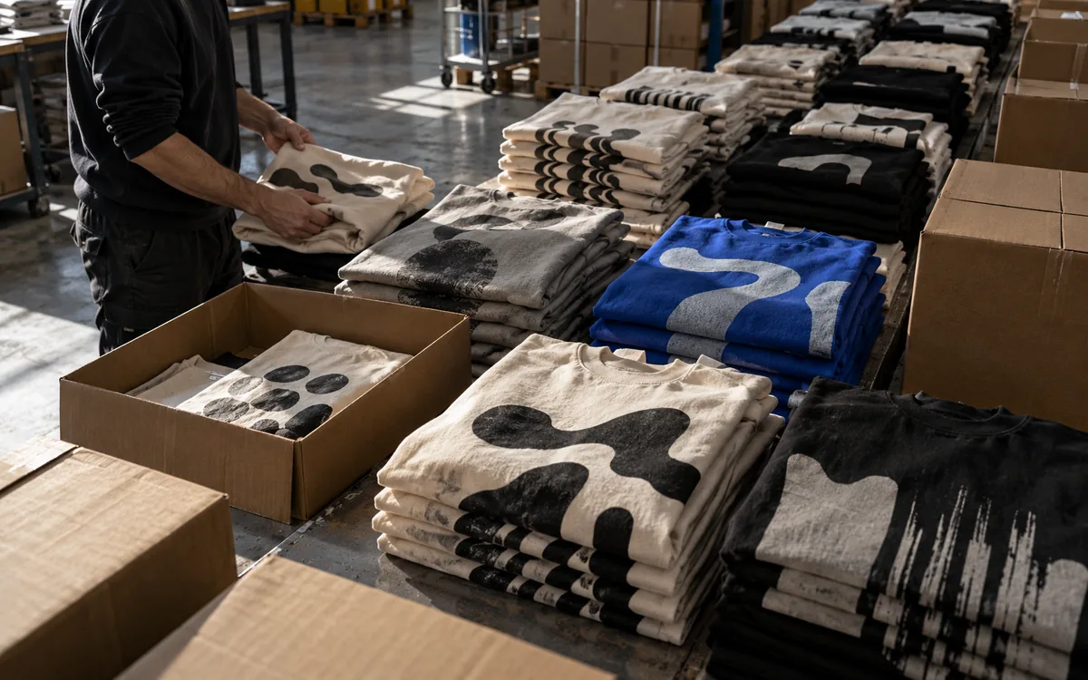 Operario preparando una tirada de prendas estampadas para expedición